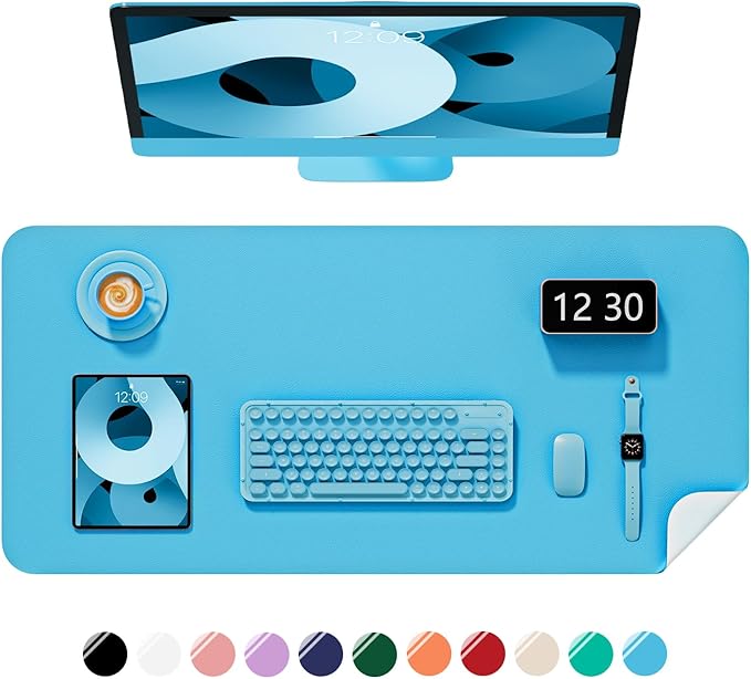 Desk Pad, 35.5" x 17" PU Leather Non-Slip Desk Mat Large Mouse Pad for Desktop, Waterproof Laptop Computer Writing Mat for Office, Home, Work, Gaming, Aqua Blue