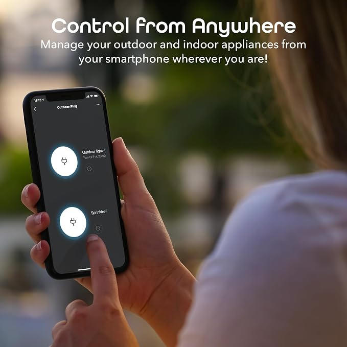 Geeni Outdoor Duo Wi-Fi Smart Plug | 2 Weatherproof Outlets, Compatible with Alexa & Google Assistant | Wireless Remote Control & Timer for Holiday Lights, Appliances, and More, 2-Pack