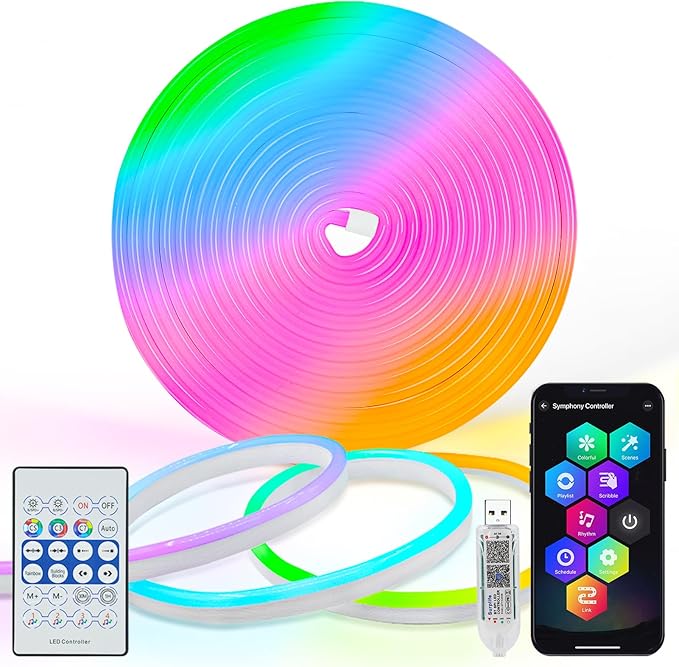 Smart Neon Rope Light 16.4Ft RGB Color Changing IC Neon Lights App Remote | Flexible DIY, App Remote Music Sync,Adjustable, Color Changing, Remote Controlled, Timer, Waterproof