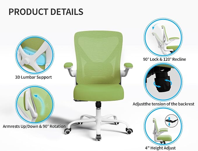 Office Chair Ergonomic Desk Chair Comfy: 330LBS Mesh Computer Chair Ergonomic Gaming Chairs with Wheels Adjustable Lumbar Support and Flip up Armrest-Swivel Executive Chairs Long Hours(Green)
