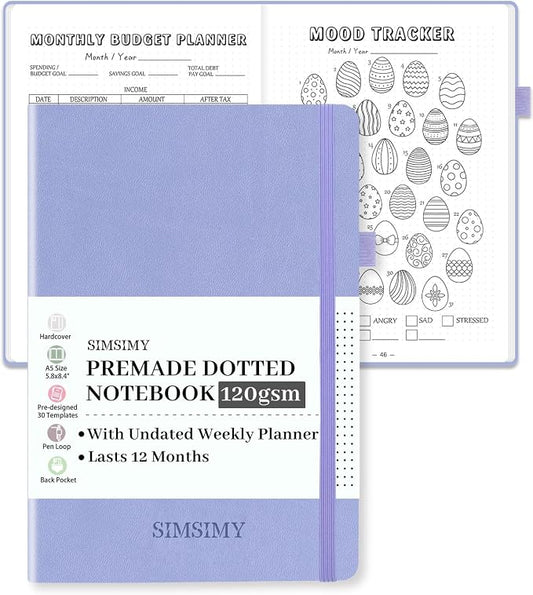 Premade Dotted Journal Notebook with Bullet Templates, Pre-made Dot Grid Journaling with Undated Weekly & Monthly Planner, Various Trackers - 12 Month Organization, A5 Hardcover