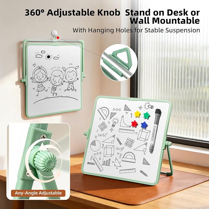 Colorful Dry Erase White Board 11x11in, Magnetic Desktop Board with Stand, 2 Markers (Eraser Head), 4 Magnets - Double-Sided Easel for Daily Planning, Office/Home/School (Green)