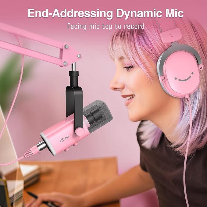 FIFINE XLR Gaming Microphone USB, PC Dynamic Microphone Kit for Vocal, Recording, Podcast, Streaming RGB Mic with Headphone Jack, Mute Button, Boom Arm Stand for Computer/Mixer-AmpliGame AM8T Pink