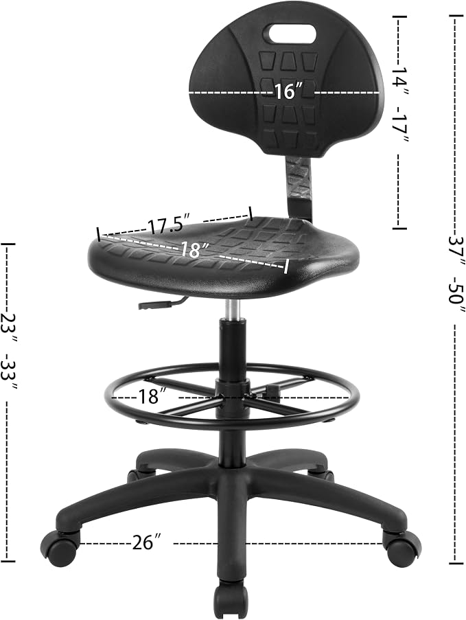 TAKE UR SEAT® Deluxe Heavy Duty Drafting Lab Stool Chair, 18'' Adjustable Footring, 10'' Adjustable Height, 450 lb Seat Capacity, Tall Bench Height Chrome(Standard Caster)