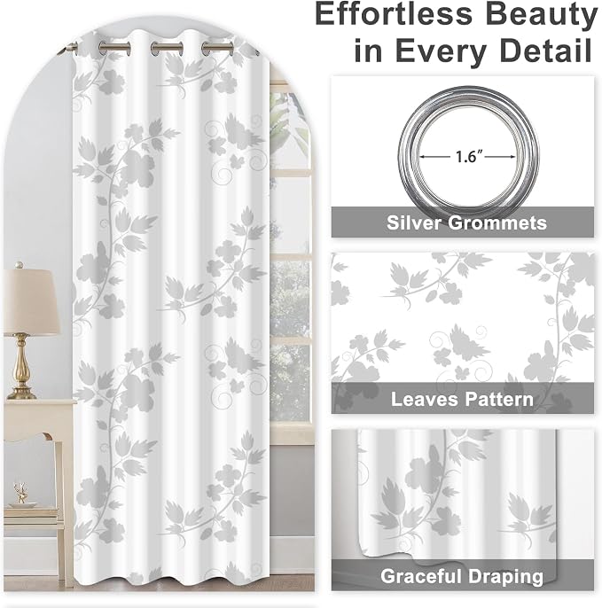 White Blackout Curtains 84 Inch Length 2 Panels Set, Light Grey Floral Thermal Insulated Window Black Out Bedroom Curtains, Soundproof Room Darkening Blackout Curtains for Bedroom and Living Room