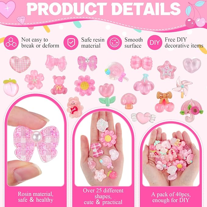 Giegxin 40 Pcs Pink Charms Bulk Cute Transparent Embellishments Pink Heart Bows Mixed Ornament Flatback Cabochon Kawaii Accessories for Jewelry Cellphone Case Scrapbooking Headband DIY Craft Making