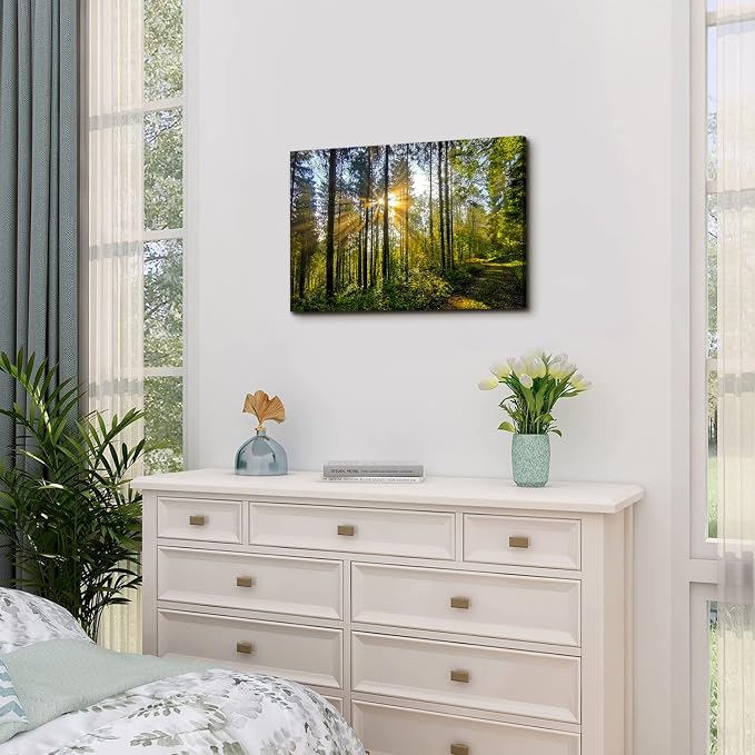 Nature Forest Landscape Wall Art Sunrise Green Tropical Trees Canvas Pictures Wall Decor 16x24" Mountain Prints Painting Modern Framed Artwork for Living Room Bedroom Kitchen Office Home Decoration