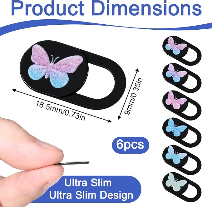 6 Pcs Camera Cover Slide Laptop Camera Privacy Cover Slide 0.73''x0.35'' Butterfly Design Webcam Cover-Slide for Smartphone Laptop Desktop Computer Tablet to Protect Your Privacy Security