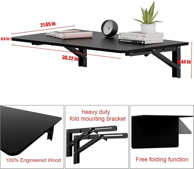 Floating Foldable Desk,Wall Mounted - Folding Computer Table with Engineered Wood,Study Table with Shelf Brackets,Fold Down Shelf,Fold Computer Desk for Small Apartment,Holds 500 lb,36" x 22",Black