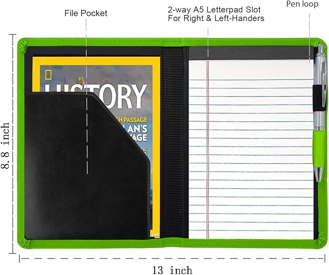 Padfolio/Portfolio Binder, Mini Padfolio Portfolio Binder 5 x 8 Legal Writing Pad, A5 Document Organizer Folder for Men Women,Green.