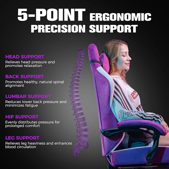 GTPLAYER Big and Tall Gaming Chair 350lbs Heavy Duty Office Chair with Foot Rest, High Back Pocket Spring Ergonomic Computer Chair for Adults, Wide Comfy Seated Cushion with Linkage Armrests, Purple