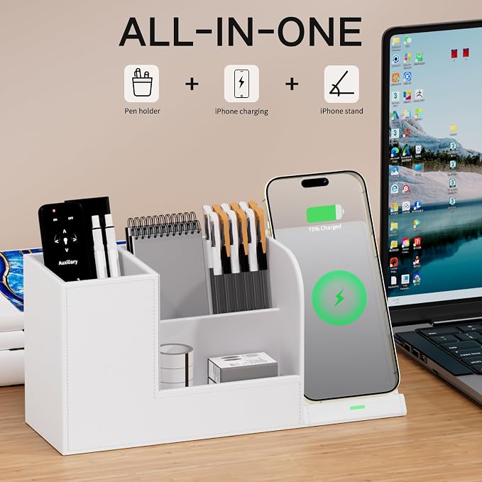 Multi-Functional Pencil Holder for Desk, Desk Organizers and Accessories with 4 Compartments for Office Art Supplies,Desk Phone Stand Charger for Desktop/Counter,Wihte Office Storage for Pens, Keys