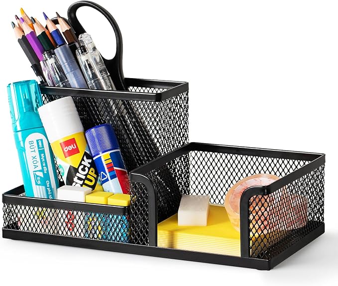 deli Mesh Desk Organizer, Black | Office Supplies Caddy with Pencil Holder and Storage Baskets for Desktop Accessories, 3 Compartments