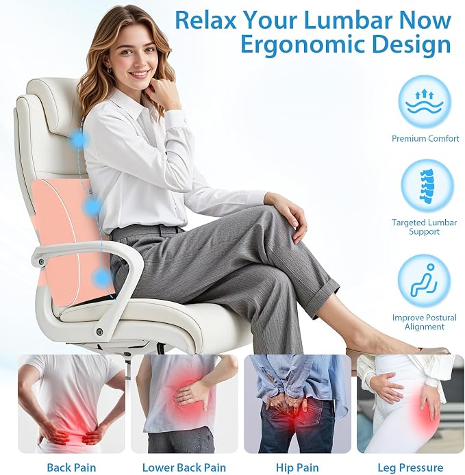 SweetSlubr Lumbar Support Pillow for Office Chair, Car & Gaming Chair, Ergonomic Memory Foam Cushion for Back Comfort,Zoned Back Support, Double Adjustable Straps,Breathable Washable Cover(Pink,Large)