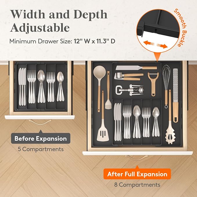 Lifewit Silverware Drawer Organizer, Expandable Utensil Tray for Kitchen, BPA Free Flatware and Cutlery Holder, Adjustable Plastic Storage for Spoons Forks Knives, 5-8 Slots, Black