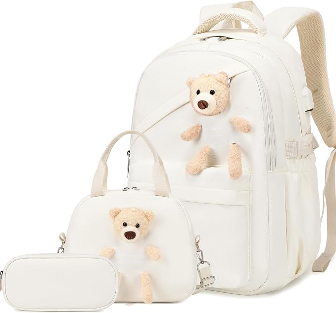ACESAK School Backpack for Girls - 3 PCS Cute Girls Backpack with Lunch Box & Pencil Case - Kawaii Casual Kids Bookbag School Bag Daypacks Set for Elementary Middle High School Student Teens (Beige)