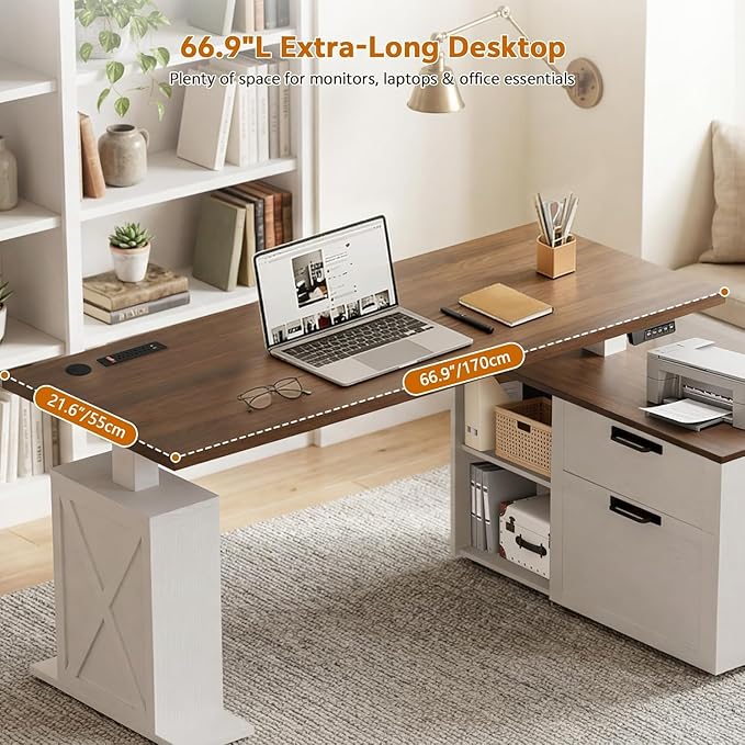 67" L Shaped Standing Desk with Drawers, Electric Height Adjustable Corner Desk, Sit Stand Office Desk with 4 AC Outlets & Type C Port, Executive Computer Desk with Cabinet, Brown & White