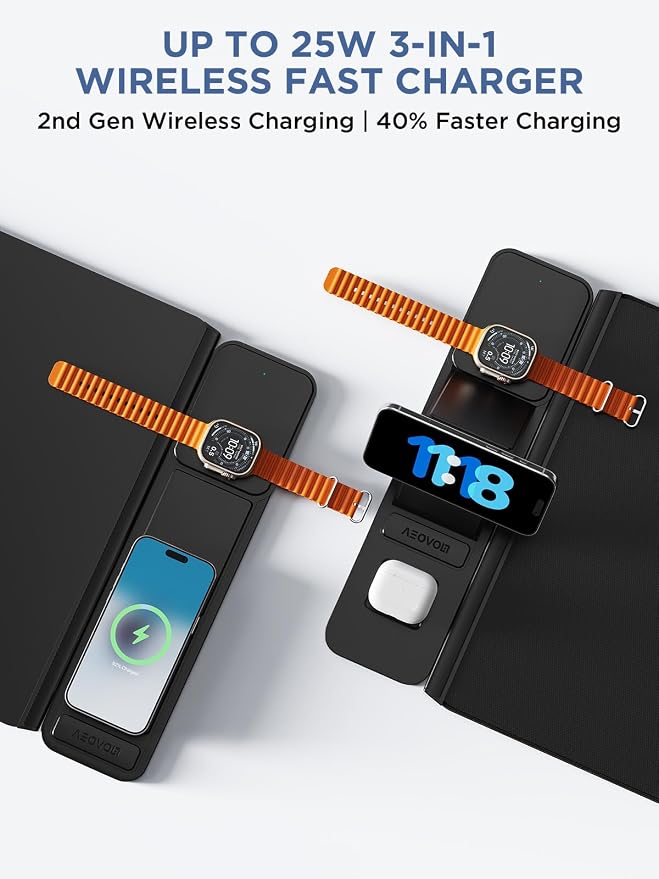 25W Wireless Fast Charging Mouse Pad with Foldable Phone Holder, 2nd Gen 3-in-1 Wireless Charging Desk Mat (Leather with 35W Wall Charger&Coasters)