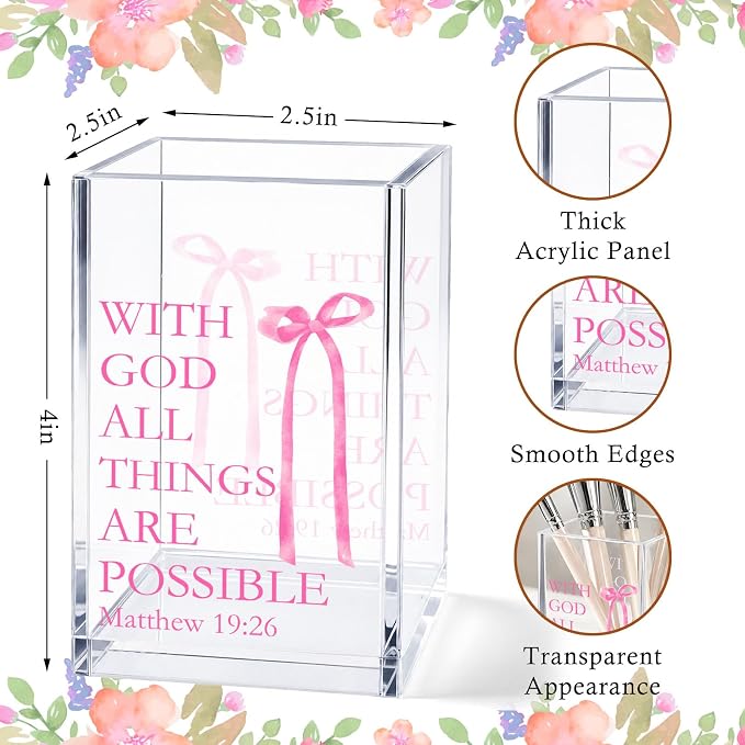 Pink Bow Acrylic Pen Holder Cup, Coquette Christian Desk Decor, Inspirational Bible Verse Pencil Holder, Cute Office Desk Organizer, Gift for Women