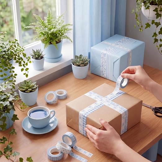 12 Rolls Watercolor Floral Washi Tape Set 15 mm Vintage Flower Decorative Masking Tape for Summer School Arts DIY Craft Scrapbook Journal Supplies Gifts(Blue and White,Floral)