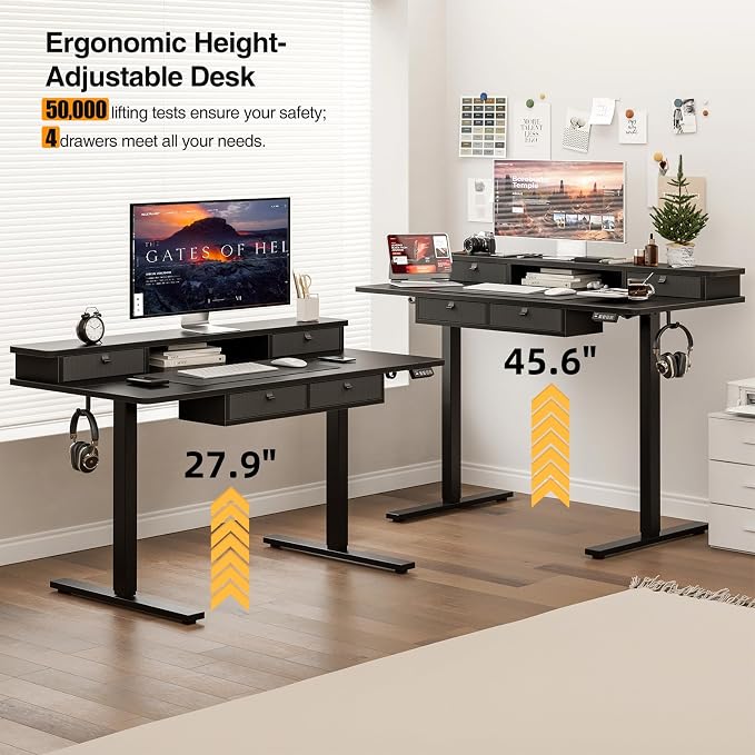 Grandder Electric Standing Desk with Four Drawers, Sit to Stand Up Height Adjustable Desk with Storage Shelf for Home Office, 55 * 28 Inch, Study, Ergonomic Adjustable Computer Desk, Black