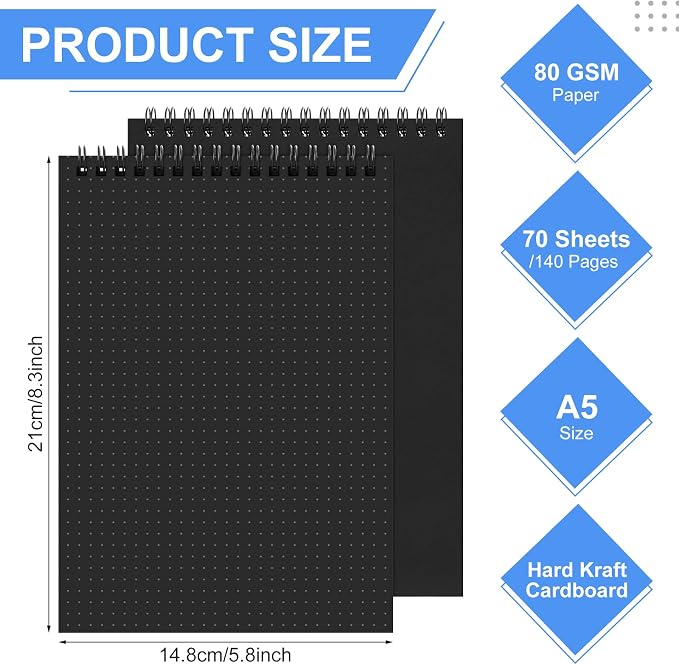 Engrowtic 2 Pcs Dot Grid Notebook Top Spiral Notebook A5 Size Bullet Dotted Paper Hardcover Dot Journal 8.3''x 5.8'' 140 Pages Spiral Notepads for Drawing Writing School Office (Black （black Page）)