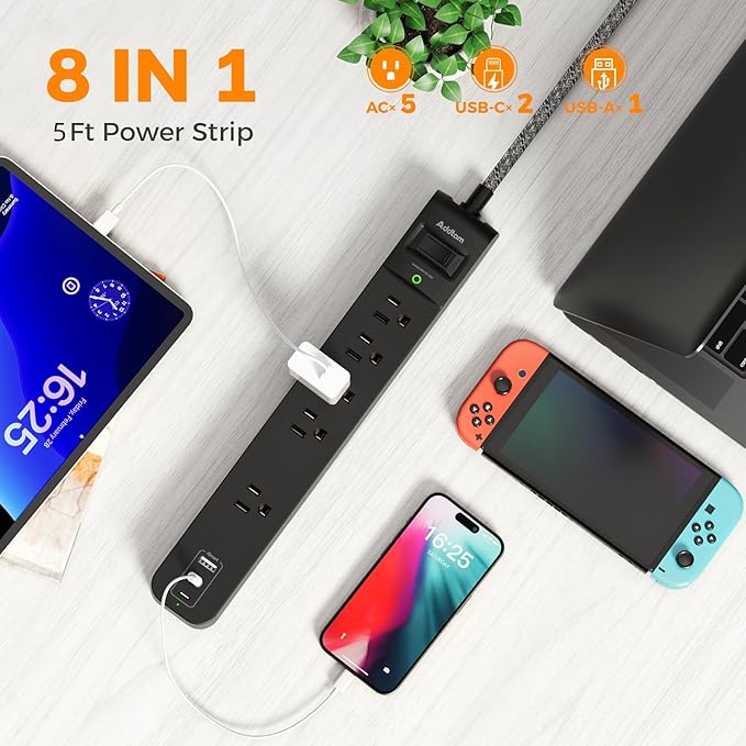 2 Pack Surge Protector Power Strip - USB C Power Strip, Flat Extension Cord with 5 Widely 3 USB (2 USB-C) Ports, Desktop Charging Station for Home Office College Dorm Room Essentials