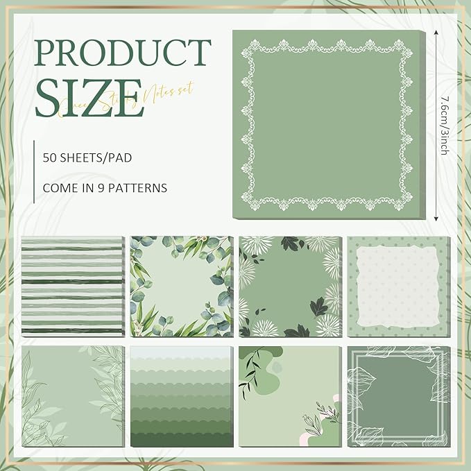 9 Pcs Aesthetic Sticky Notes Cute Pastel Self Stick Notepads Easy to Post Desk Supplies for Home Office Decor School Accessories Women Birthday Coworker Gifts (Green)