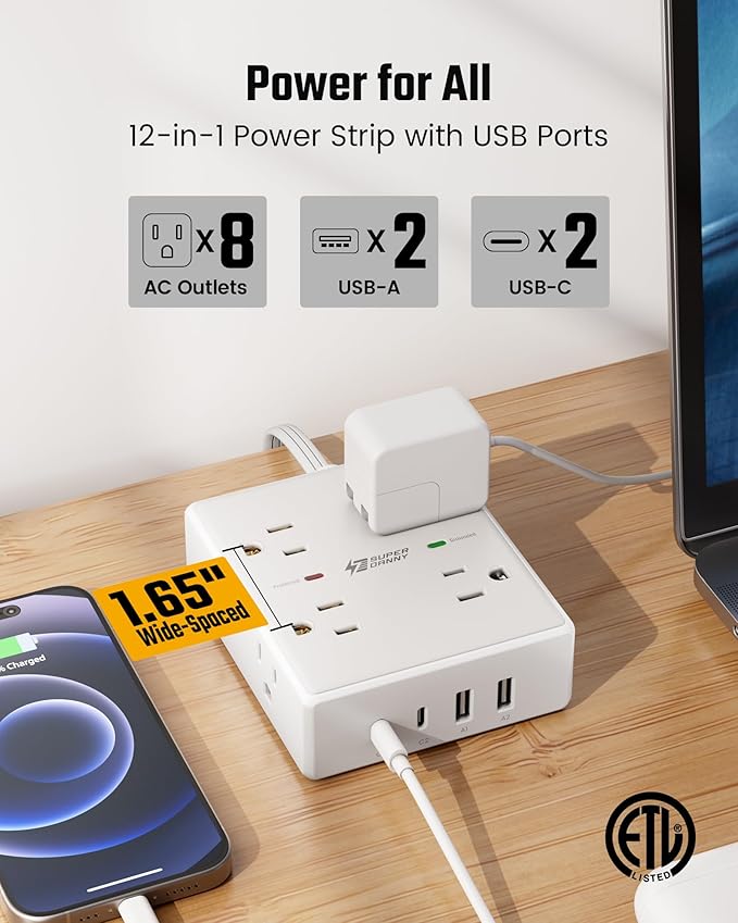 Flat Plug Surge Protector Power Strip, 6ft Ultra Thin Extension Cord with 4 USB (2 USB C Port), 8 Outlets Desk Charging Station, Wall Mountable Outlet Extender for Home Office, College Dorm Room