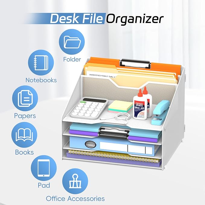 Desk File Organizer, 4 Letter Trays and 2 Upright Sections, White | Paper Organizer for Desk with Tiered Letter Trays and Vertical File Holders for Home Office, School and Workspace Use