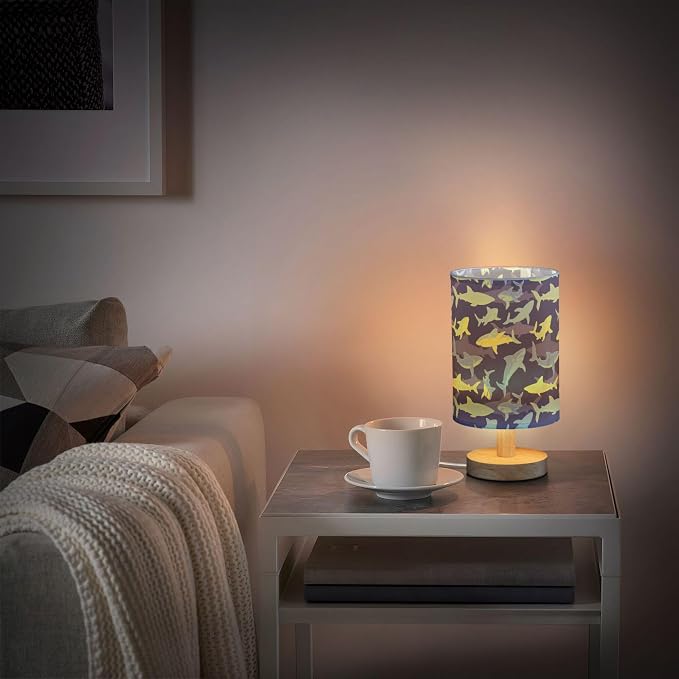 Table Lamp Shark Underwater Pattern Nightstand Lamp with Wood Base Fabric Lamp Shade Bedside Desk Lamp for Living Room Bedroom Kids Room Office