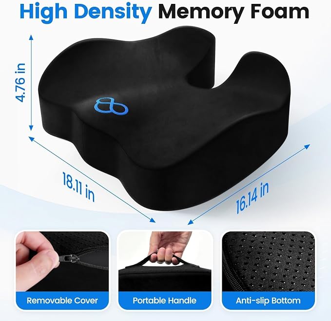 Seat Cushion, Non-Slip Memory Foam Chair Cushion for Taibone, Black/Large | Chair Pillow with Handles for Car Office Chair, Tailbone/Sciatica Easing& Post-Surgery Recovery Chair Cushion