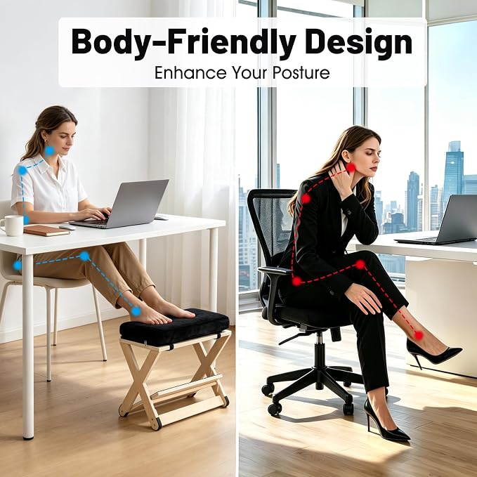 Adjustable Height Foot Rest Under Desk at Work, Foot Stool Under Desk | Comfortable Memory Foam, Under Desk Footrest, Non-Slip EVA Surface, Desk Foot Rest, Wooden Design, Leg Rest Under Desk