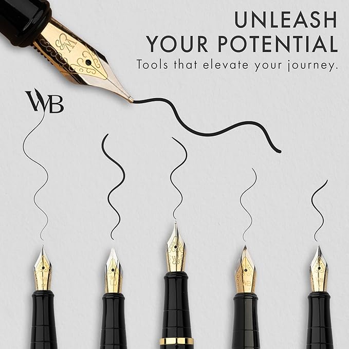 Wordsworth & Black Fountain Pen Gift Set, Includes Bottle, 6 Cartridges, Refill Converter, 4 Replacement Nibs, Premium Package, Journaling, Calligraphy, Smooth Writing Pens [Black Gold]