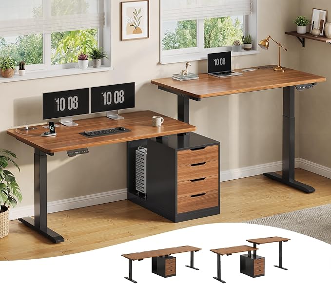SEDETA Standing Two Person Desk, 94'' Long Computer Desk with 4 Drawers, 2 Power Outlets, CPU Stand, Electric Height Adjustable 2 Person Desk with Cable Management for Home Office, Black+Brown