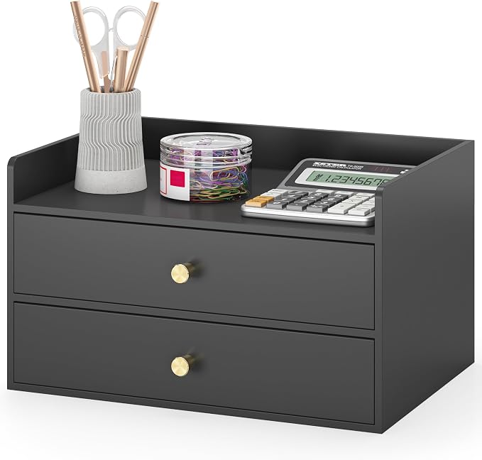 Bamboo Desk Organizer with Drawers,Wooden Desktop Storage(2 Drawers, Black) | 100% Bamboo 2 Pull-Out Drawers No Assembly Required Space-Saving Design
