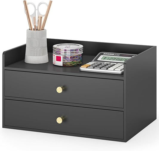 Bamboo Desk Organizer with Drawers Wooden Desktop Storage Drawers for Bills Office Supplies Kitchen Utensils Organizing Tool for Home Classroom Organization No Assembly (2 Drawers, Black)