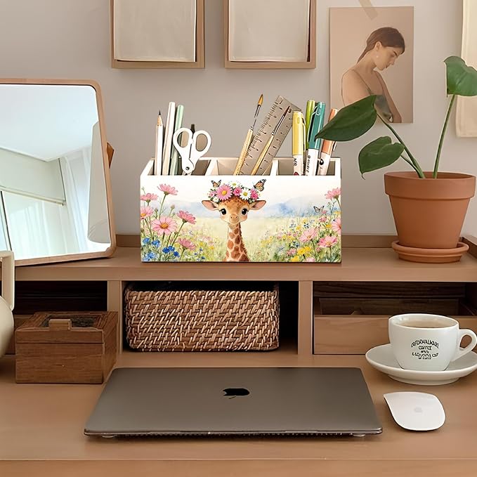 Giraffe Pen Pencil Holder for Desk Accessories, Giraffe Gifts for Women & Kids, Rustic Butterfly Flower Wild Animal Wooden Box Sign Decorations for Kids Room Home Office Desk Tabletop