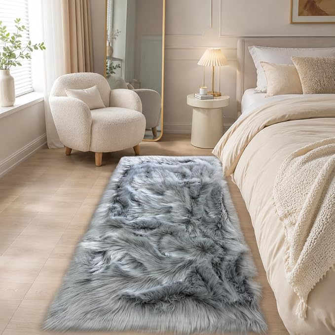 EasyJoy Faux Sheepskin Rug, Fluffy Faux Fur Rug, Ultra Soft Shag Area Rug with Non-Slip Backing for Bedroom, Living Room, Nursery, Kids Room(2 x 4 ft Rectangle, Frosted Bottom Gray)