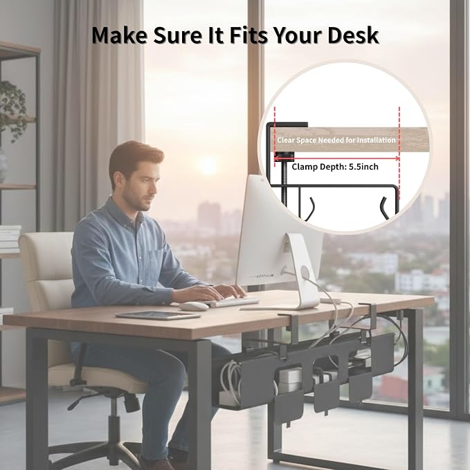 Under Desk Cable Management Tray, 36” Fabric No Drill Clamp Mount | Cord Organizer for Desk, Heavy Duty Wire Management for Office Home, Black