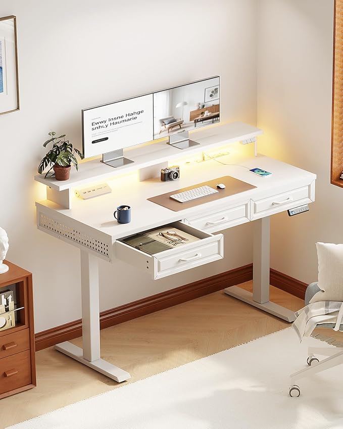 OffiGo 48 Inch Electric Standing Desk, White, 3 Wood Drawers, Monitor Stand | 3 Outlets & 2 USB Ports, 20 LED Modes, 3 Memory Heights, 29.9"-46.1" in Range, Cable Management Tray, 154 lb Capacity