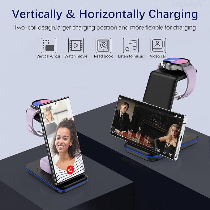 Wireless Charging Station for Samsung/Android, Fast Wireless Watch Charger Station Compatible for Samsung Galaxy S25 Ultra/S24/S23+/Z Flip 7/6 Fold 7/6, Watch8/7/Pro/Active 2 Galaxy Buds3/2 Pro(Black)