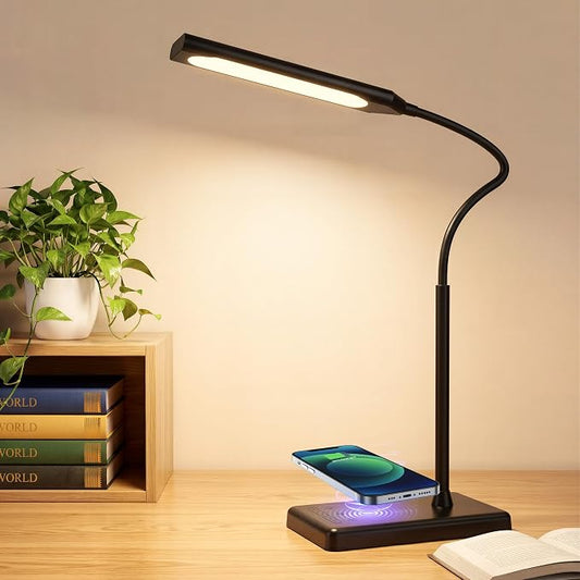 LED Desk Lamp for Office Home, Wireless Charger Desk Lamp with Dimmable, 12W Eye-Caring Desk Light, 600LM Reading Light for Desk, 5 Color Modes 6 Brightness Levels Lamp for Study, Workbench