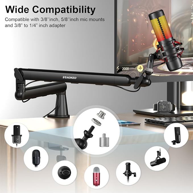 Microphone Arm,Aokeo AK-55 Desk Low Profile Adjustable Mic Boom Arm Stand,Suitable For Blue Yeti,Snowball iCE, HyperX QuadCast,SoloCast,Elgato Wave,Etc
