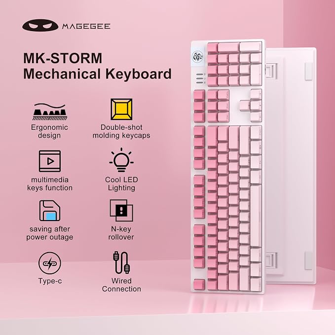 MageGee Mechanical Gaming Keyboard, Wired USB RGB Backlit Keyboard, 104-Key 100% Anti-Ghosting Mechanical Keyboard with Red Switches, Side-Printed Keycaps for Windows PC & Mac