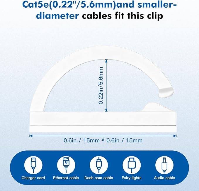 60 pcs Adhesive Cable Clips, White Small, Cord Holder, Cord Clips for Wires on wall, Ethernet Cable, Christmas Lights, USB, Phone Chargers, TV, Desk, nightstand, Car, Office