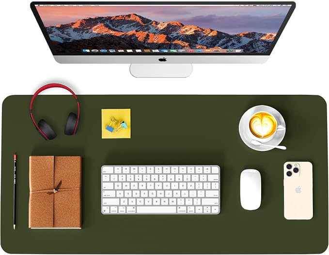 Leather Desk Pad Protector, Waterproof Mouse Pad, PU Desk Mat, Office Desk Cover, Desk Writing Mat for Office/Home/Work/Cubicle (Olive Green) 35.4x17 in