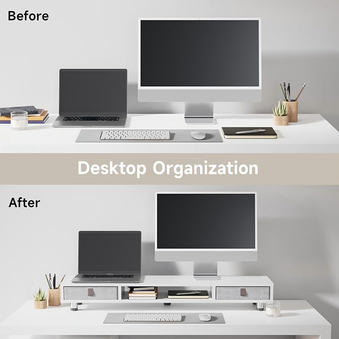 Fenge Dual Monitor Stand, 2-Tier Desk Organizer with Drawers, 42.5in, White | Storage Fabric Drawer, Ergonomic Height Adjustable, Desk Shelf for Top of Desk, Laptop, PC, TV, Home Office Organization