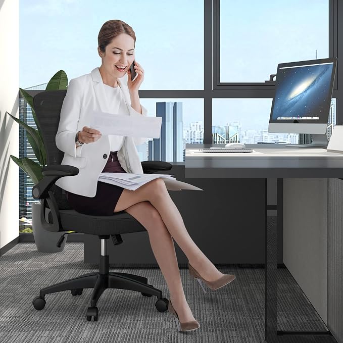 naspaluro Home Office Desk Chair Mid Back with Adjustable Height Dark Black | Comfy Ergonomic Chair with Flip-Up Arm and Lumbar Support, Breathable Mesh Swivel Computer Chair for Study Working Teacher