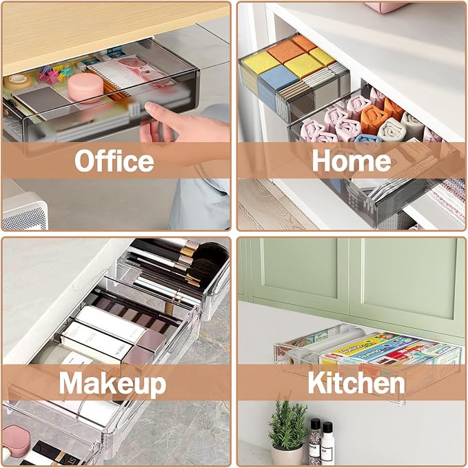 SVNNELP Under Desk Table Drawer Storage Organizer,3 Pack Large & Medium & Small Slide Out Desk Drawers - Hidden Desktop Organizer,Attachable Pencil Storage Tray Under Table(SML)